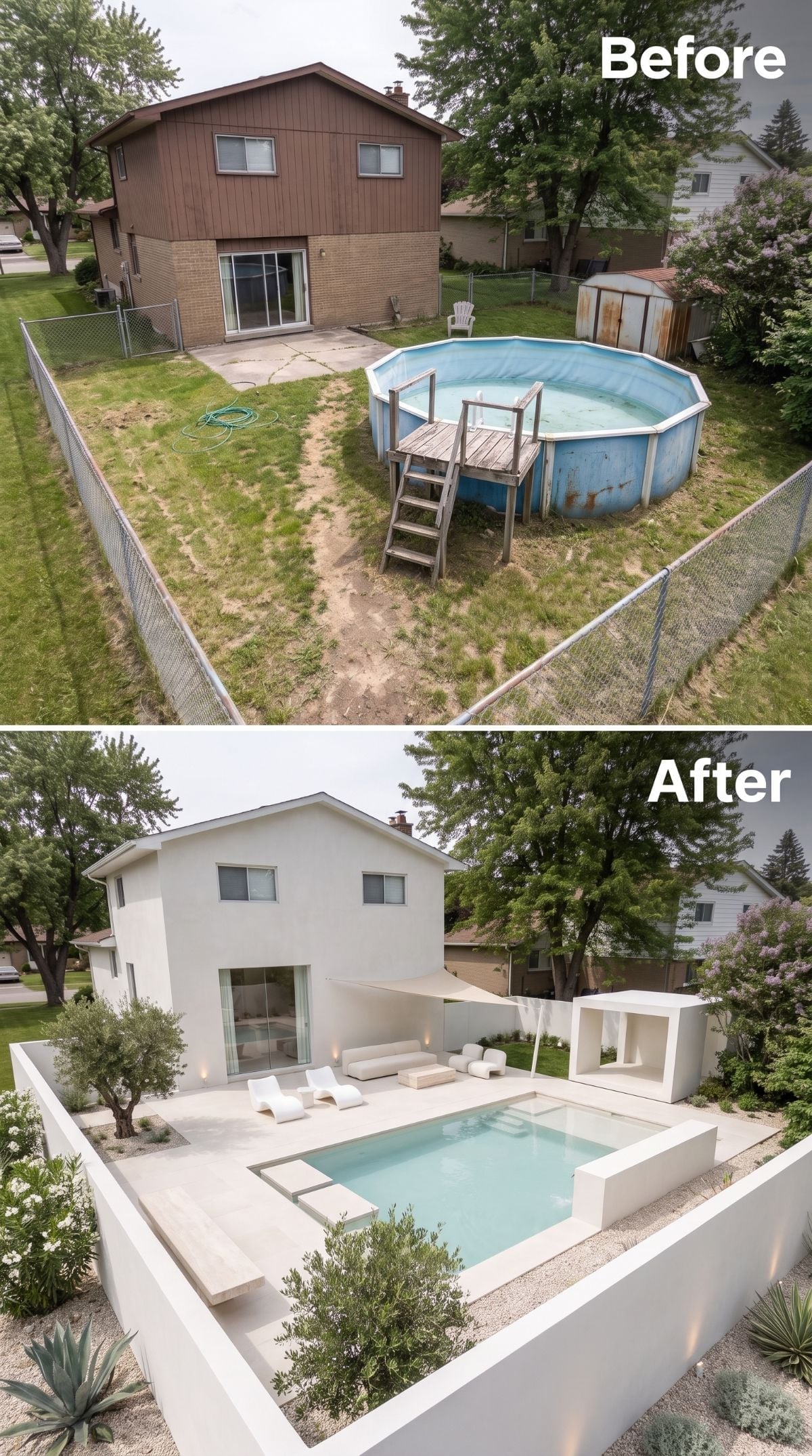 White Plaster, a Recessed Inground Pool, and Lounge Chairs Where the Rust Barrel Stood
