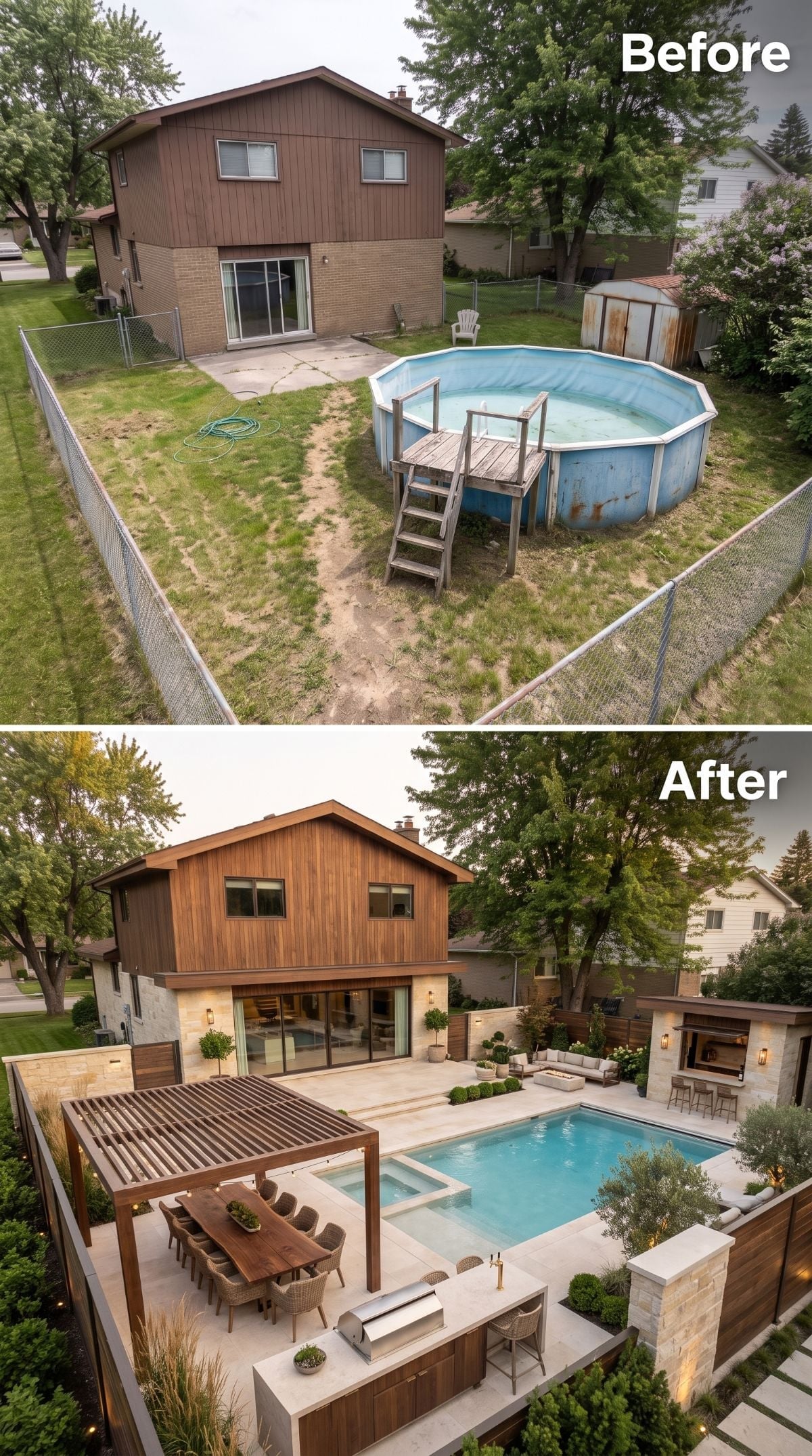Wood Cladding, a Pergola Dining Room, and an Inground Pool Where Rust Once Won