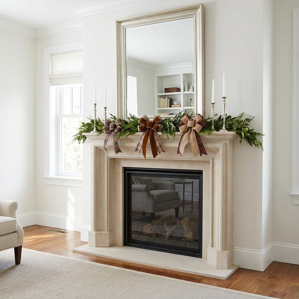 Cream mantel garland with seven large matching red plaid bows tied at close intervals across the width.