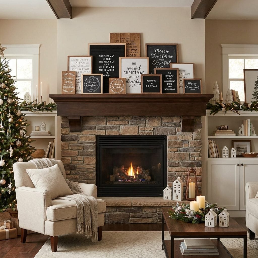 Black fireplace with five overlapping lettered holiday signs lined across the oak mantel.