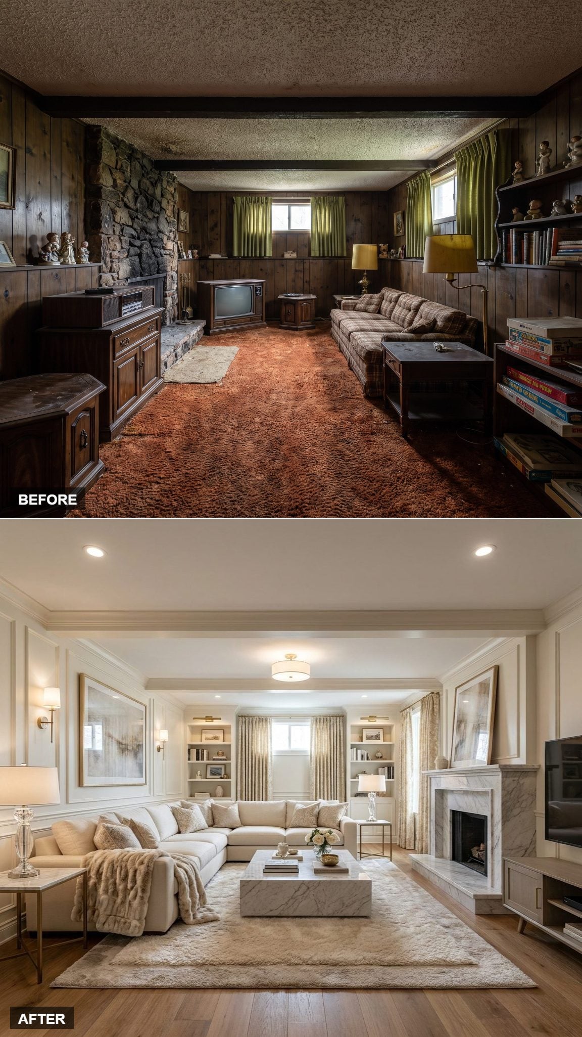 Transitional Luxury Brings Wall Molding, Marble, and Polished Brass to the 70s Den