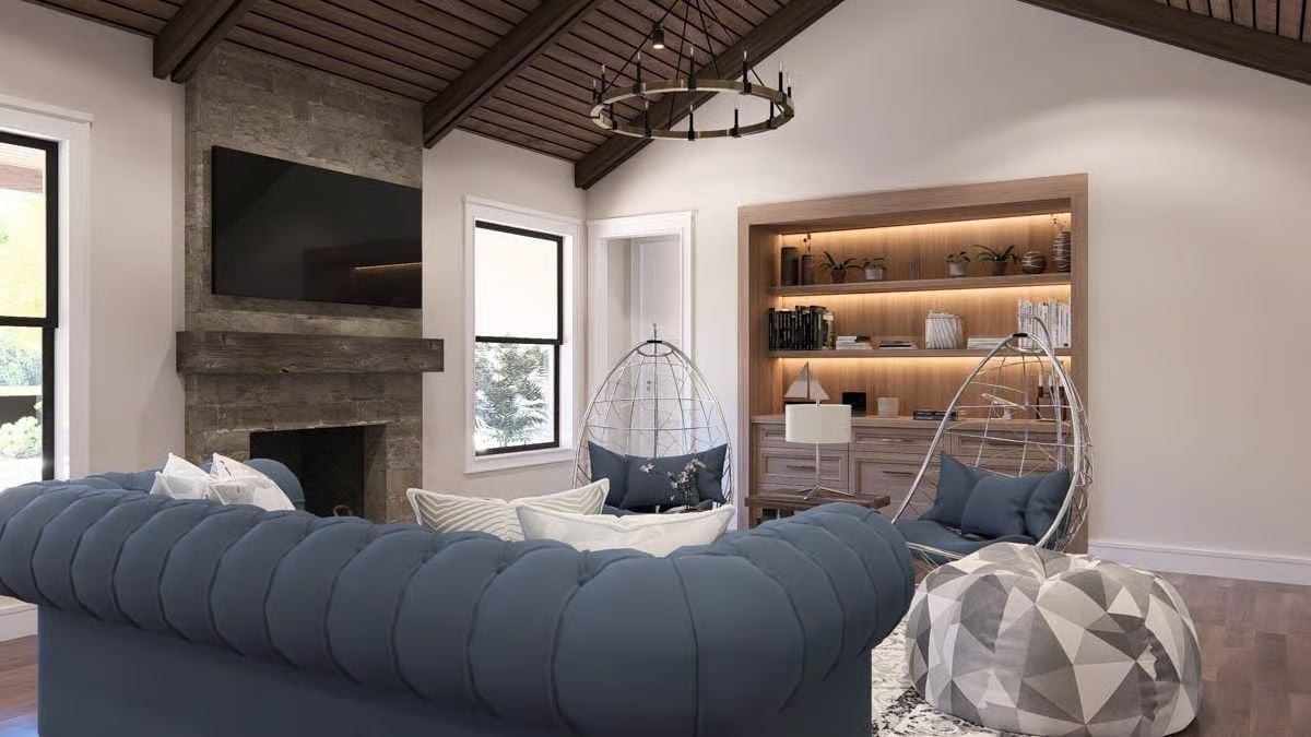 Tufted Sofa, Stone Fireplace, and Egg Chairs That Earn Their Spot