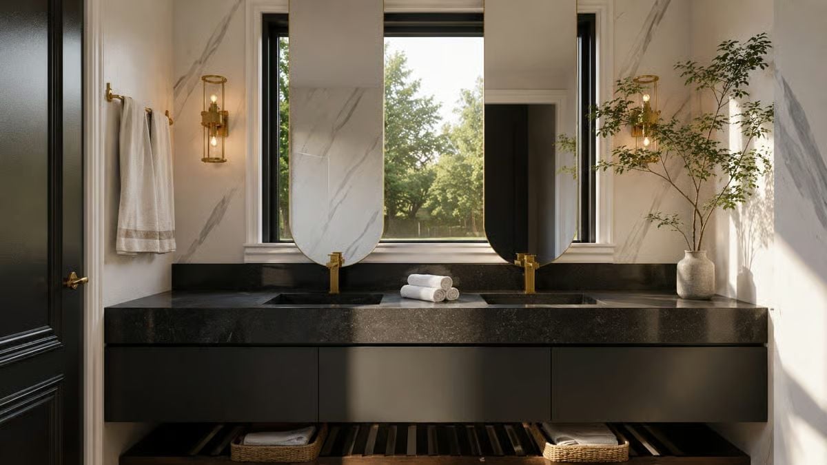 Brass Faucets and Black Stone Make This Double Vanity Worth Waking Up For