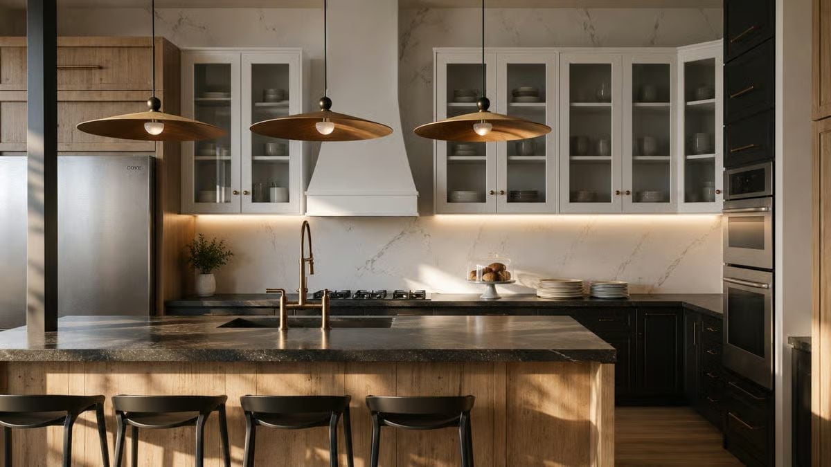 Brass Fixtures and Dark Stone Counters Pull This Kitchen Away From Safe Territory