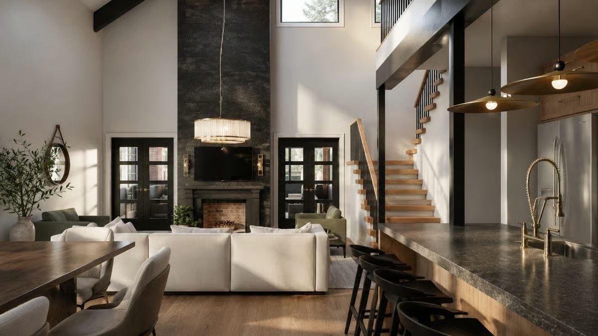 Cream Sofas and a Dark Stone Fireplace Wall That Actually Pull Together