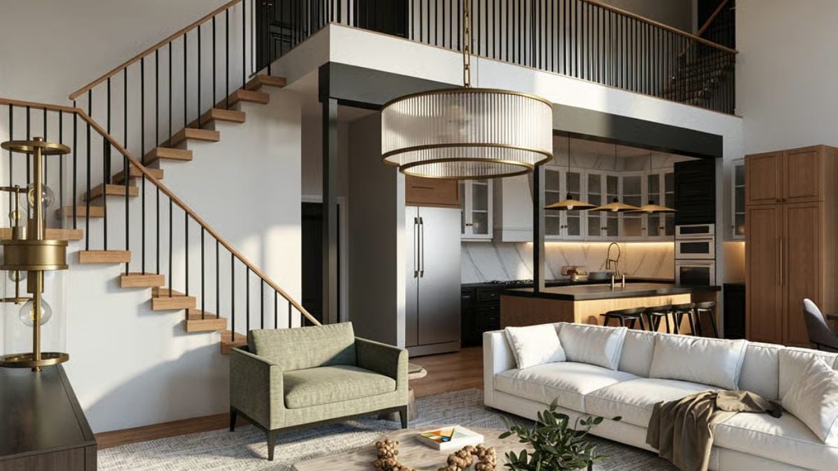 Open-Riser Stairs and Double Drum Pendants Do the Heavy Lifting Here