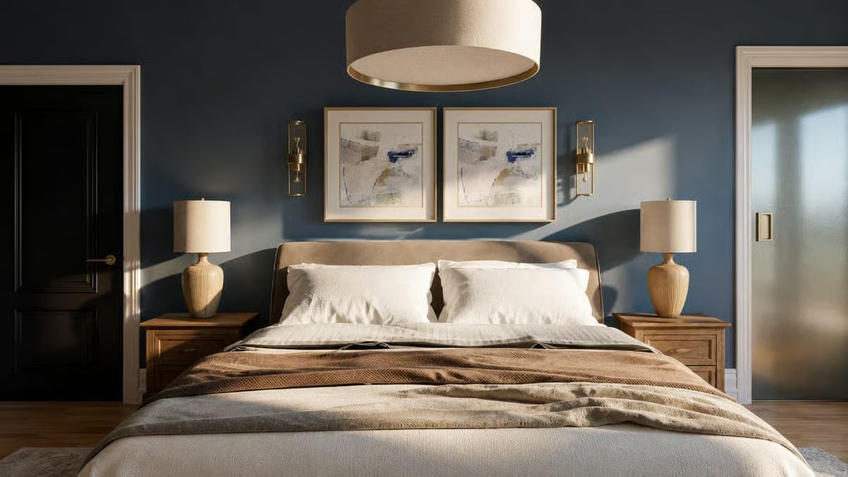 Slate Blue Walls and Brass Sconces That Know Exactly What They're Doing