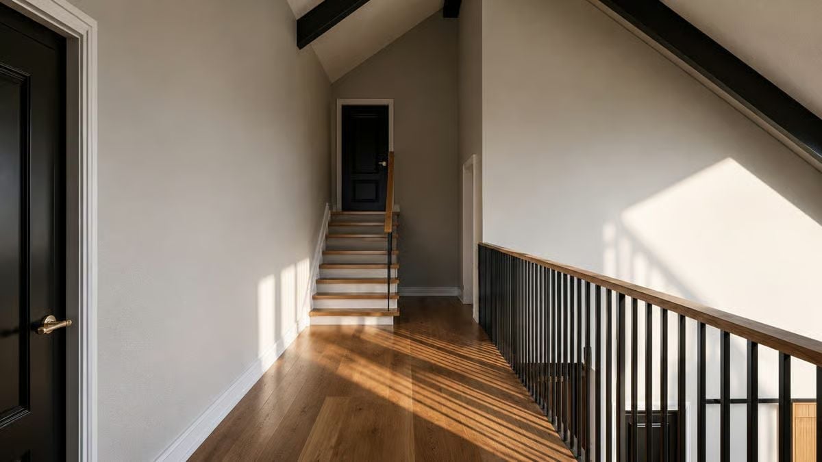 Vaulted Hallway With Black Exposed Beams Earns Every Square Foot