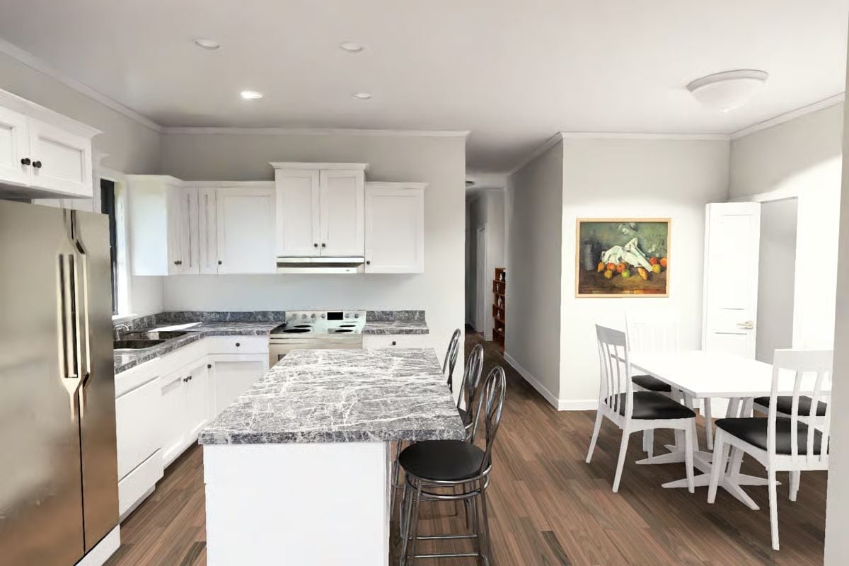 Granite Island, Chrome Barstools, and a Dining Room That Actually Has Space to Breathe