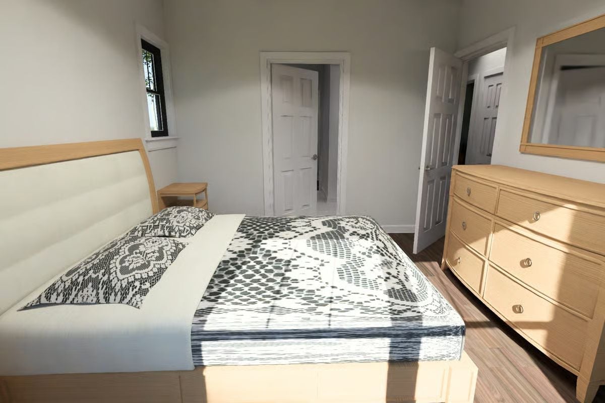 Lace-Print Bedding in a Room That Keeps Everything Else Quiet