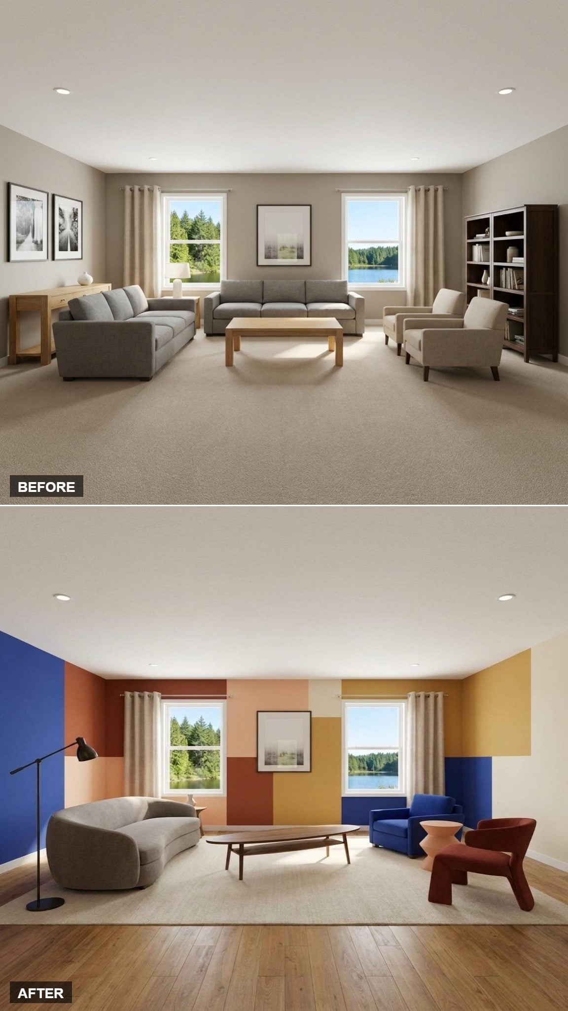 Ultramarine, Burnt Sienna, and Ochre Color-Block Walls With Offset Curved Furniture