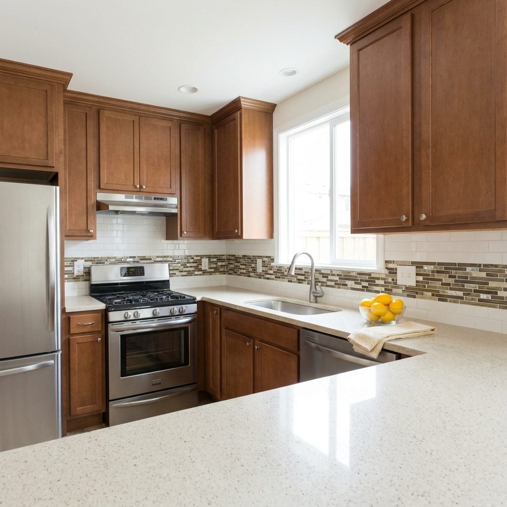 Using a Busy Mosaic Accent Strip Through an Otherwise Simple Backsplash