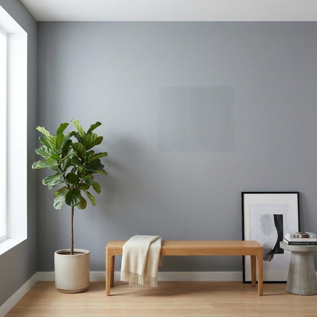 Large north-facing family room painted medium cool blue-gray that looks flat in low daylight.
