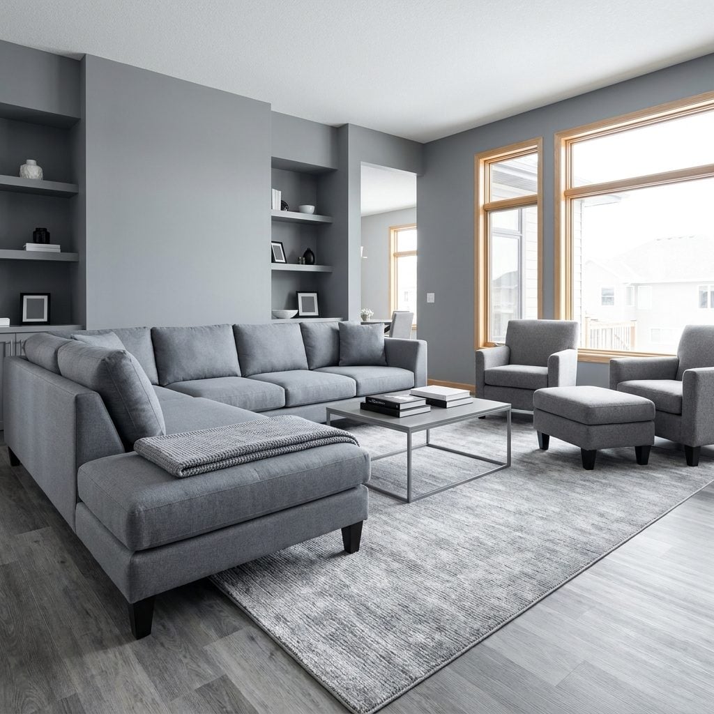 Using Cool Gray on the Walls, Sofa, Rug and Flooring All at Once
