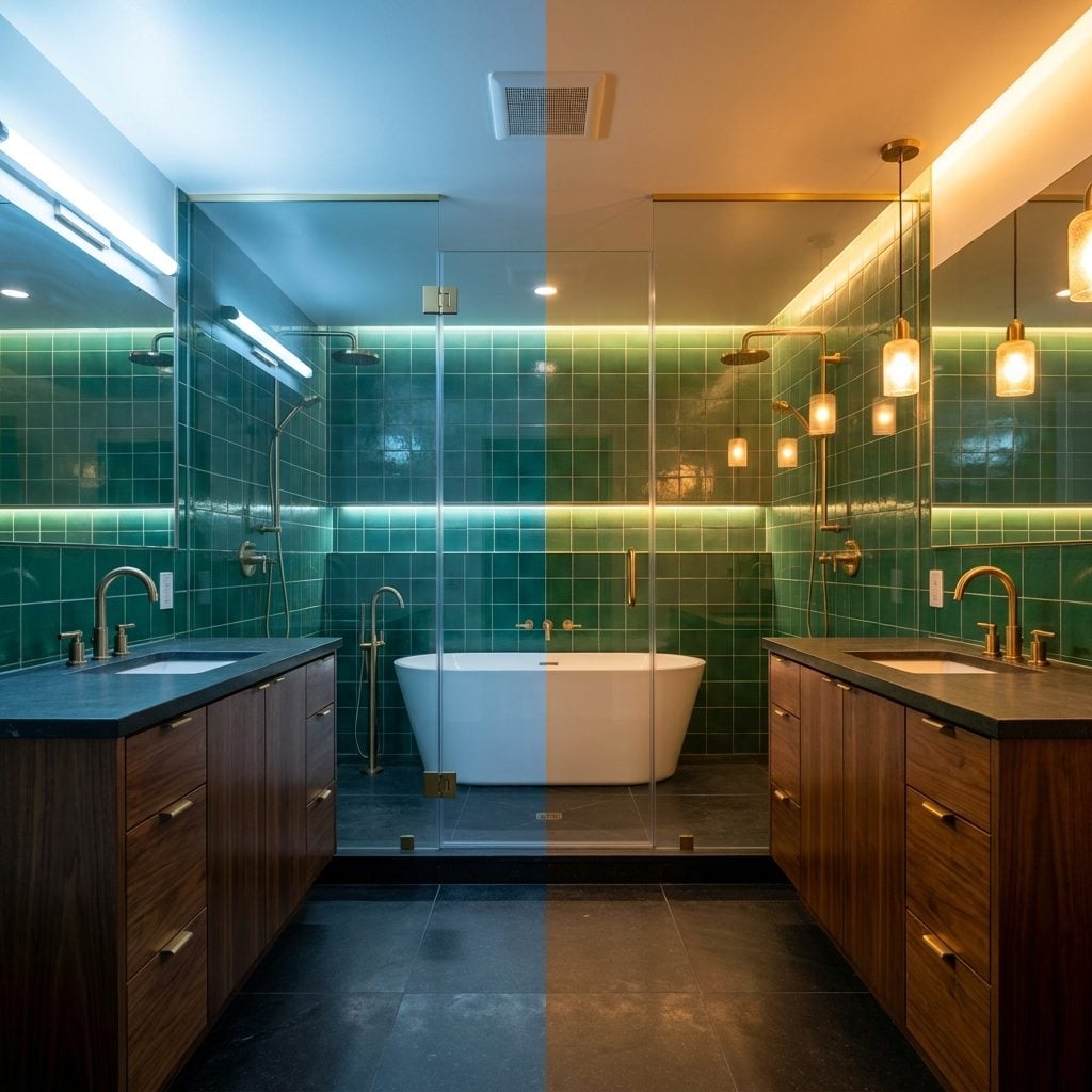 Using Cool White Lighting That Makes a Beautiful New Bathroom Feel Like a Hospital