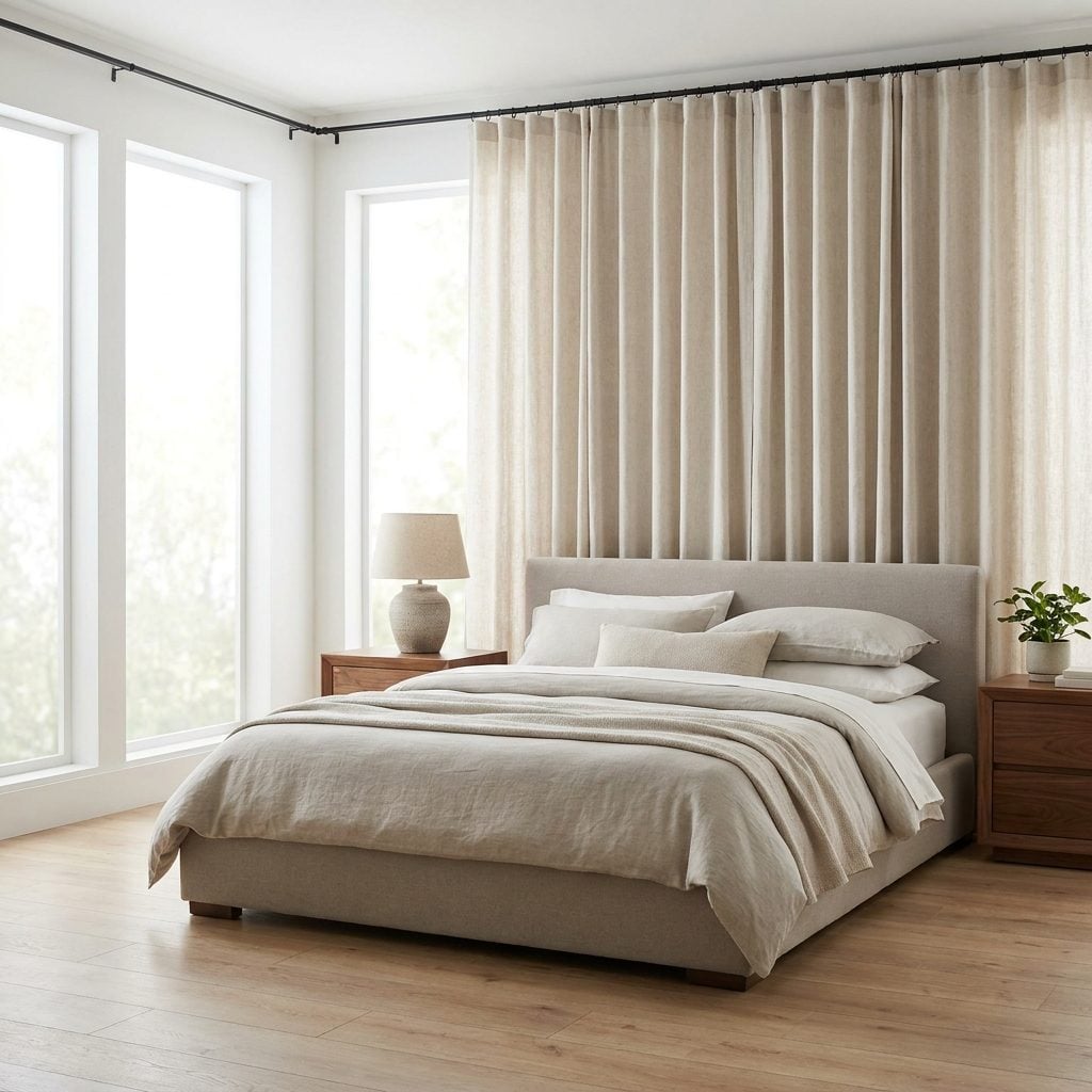 Contemporary bedroom with oatmeal linen curtains ending several inches above the floor, leaving a visible gap.