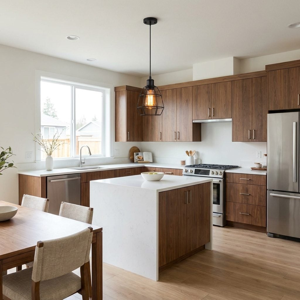 Contemporary kitchen and dining space with black cage pendants, matching cage sconces, and exposed amber Edison bulbs