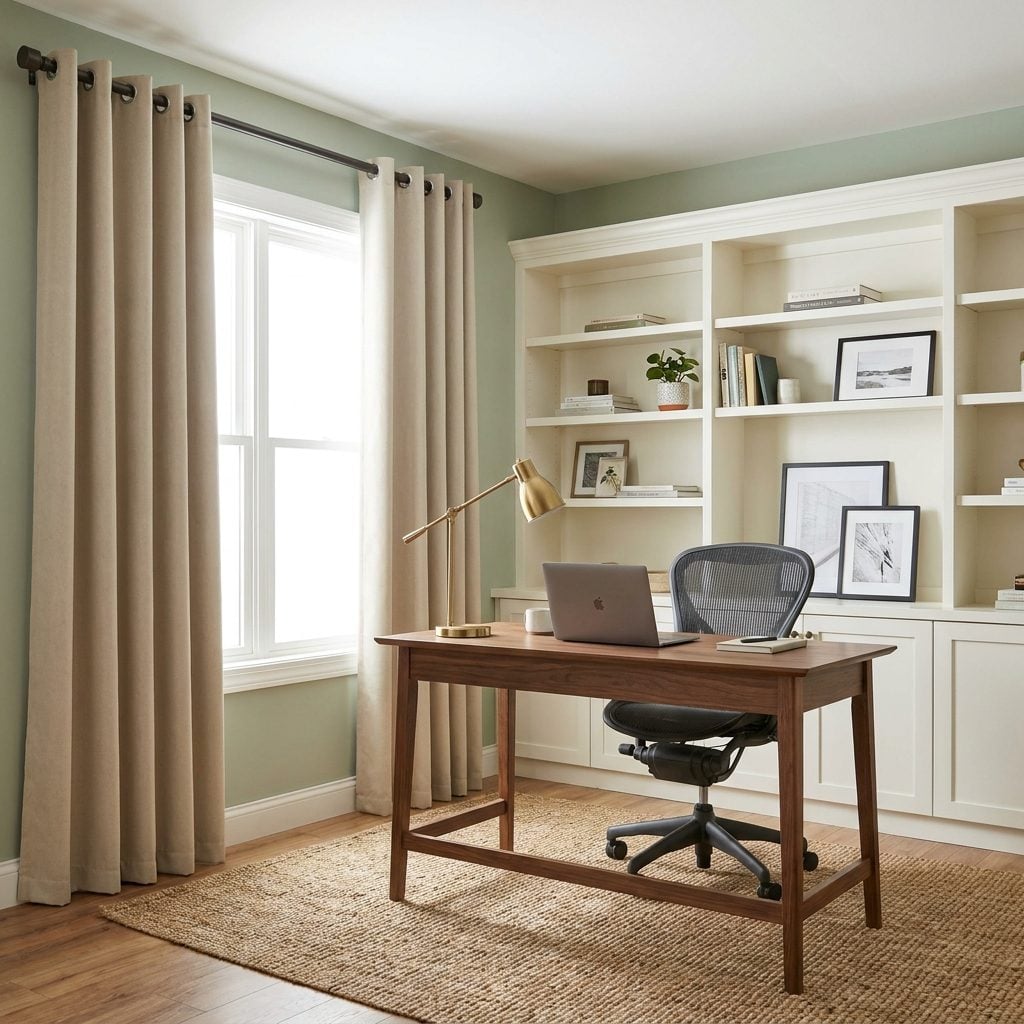 Contemporary home office with heavy polyester grommet-top curtains and large silver grommets on a thick rod.