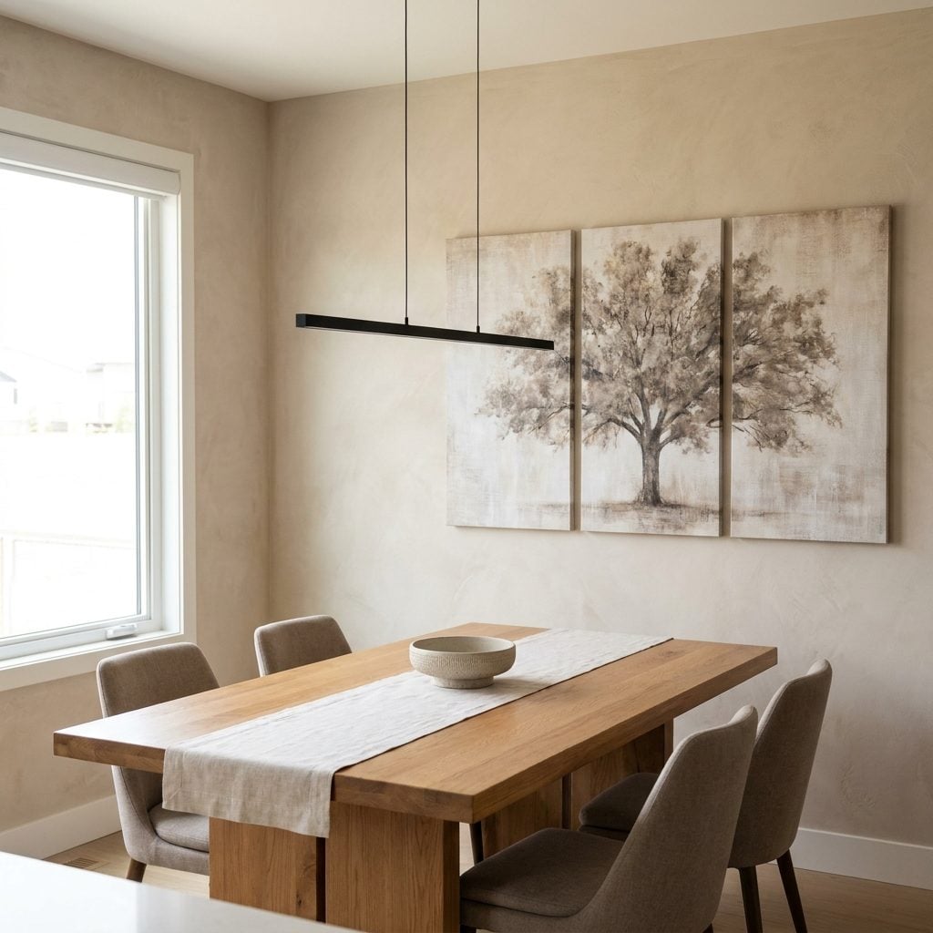Contemporary dining room with a three-panel abstract tree canvas triptych on the main wall above an oak table.