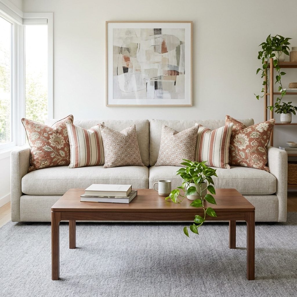 Contemporary family room with an oatmeal sofa styled with six matching throw pillows arranged symmetrically at both ends.