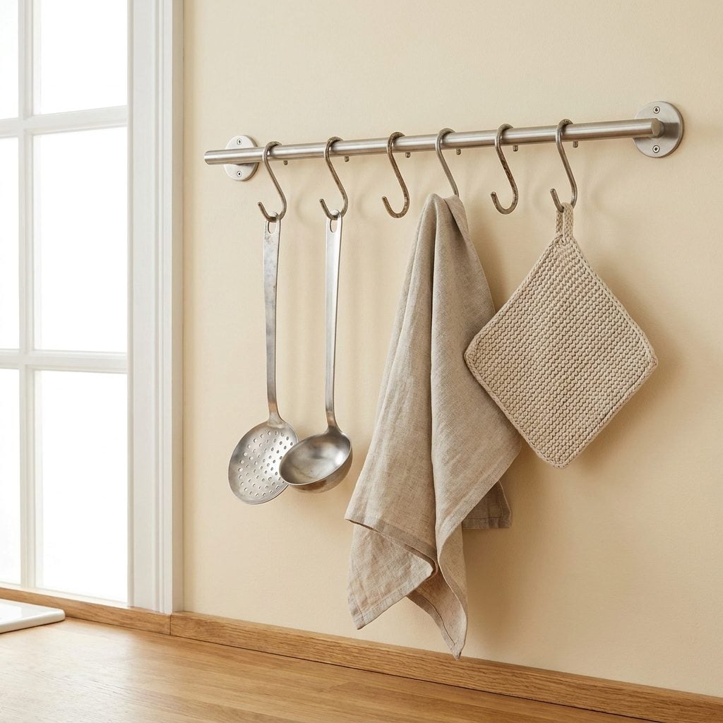 The Utility Rail With Hooks for Utensils, Towels and Potholders