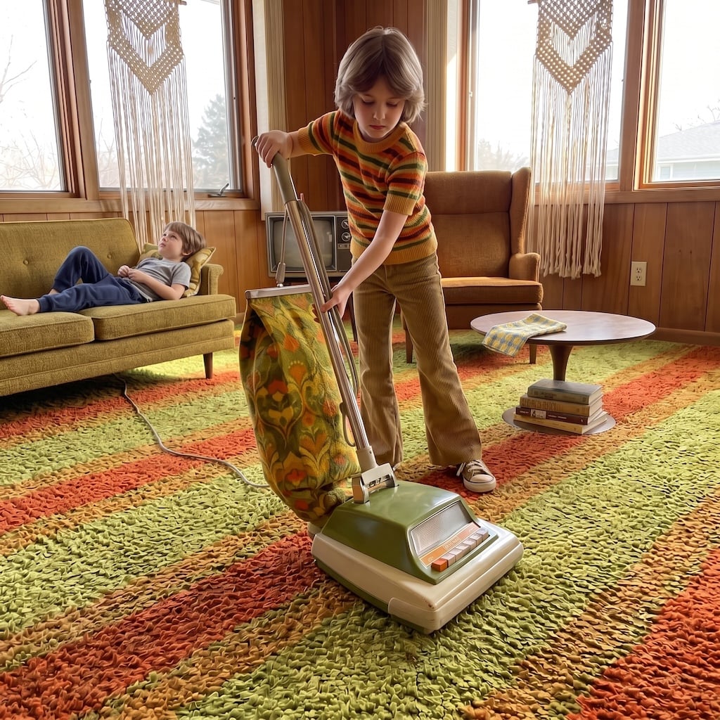 Child vacuuming shag carpet in a 1970s living room