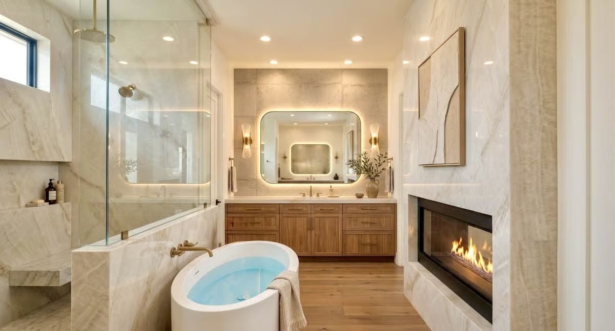 Marble, Warm Wood, and a Fireplace That Has No Business Being This Close to a Bathtub