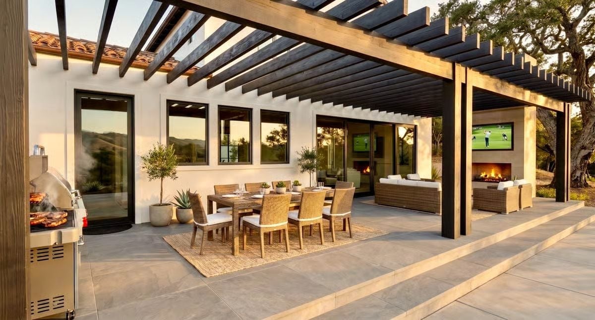 Pergola Living Done Right, With a Fireplace and Grill Close Enough to Matter