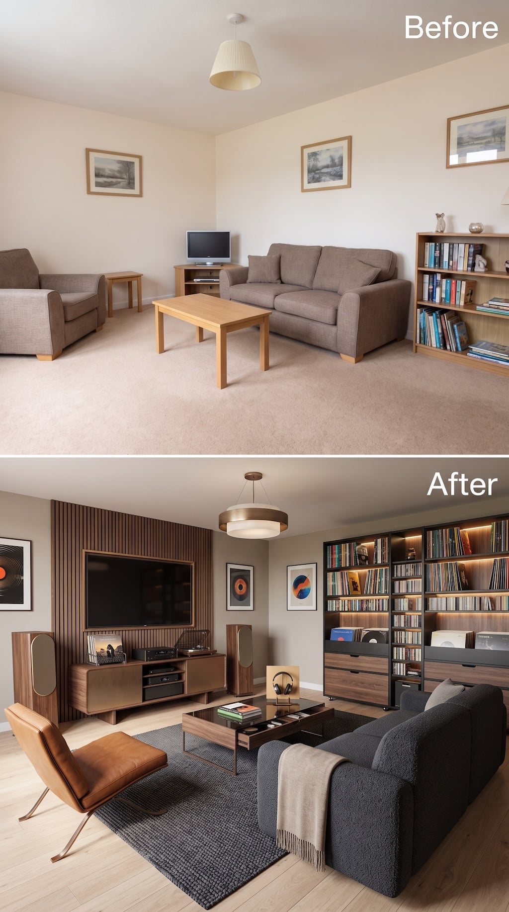 Before and after living room transformed into a vinyl listening room with record storage