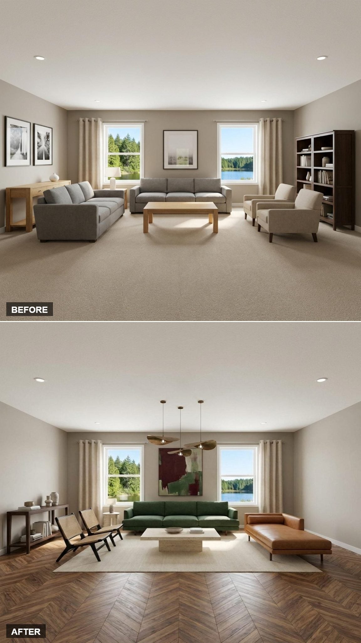 Walnut Chevron Parquet and Forest-Green Sofa: The Statement Floor Lounge