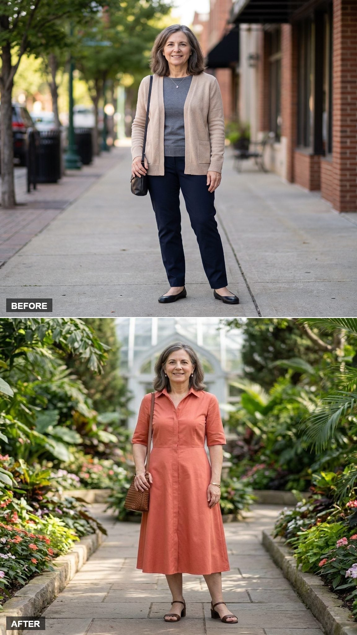 Warm-Coral Midi Shirt Dress and Block-Heel Sandals Through a Botanical Garden
