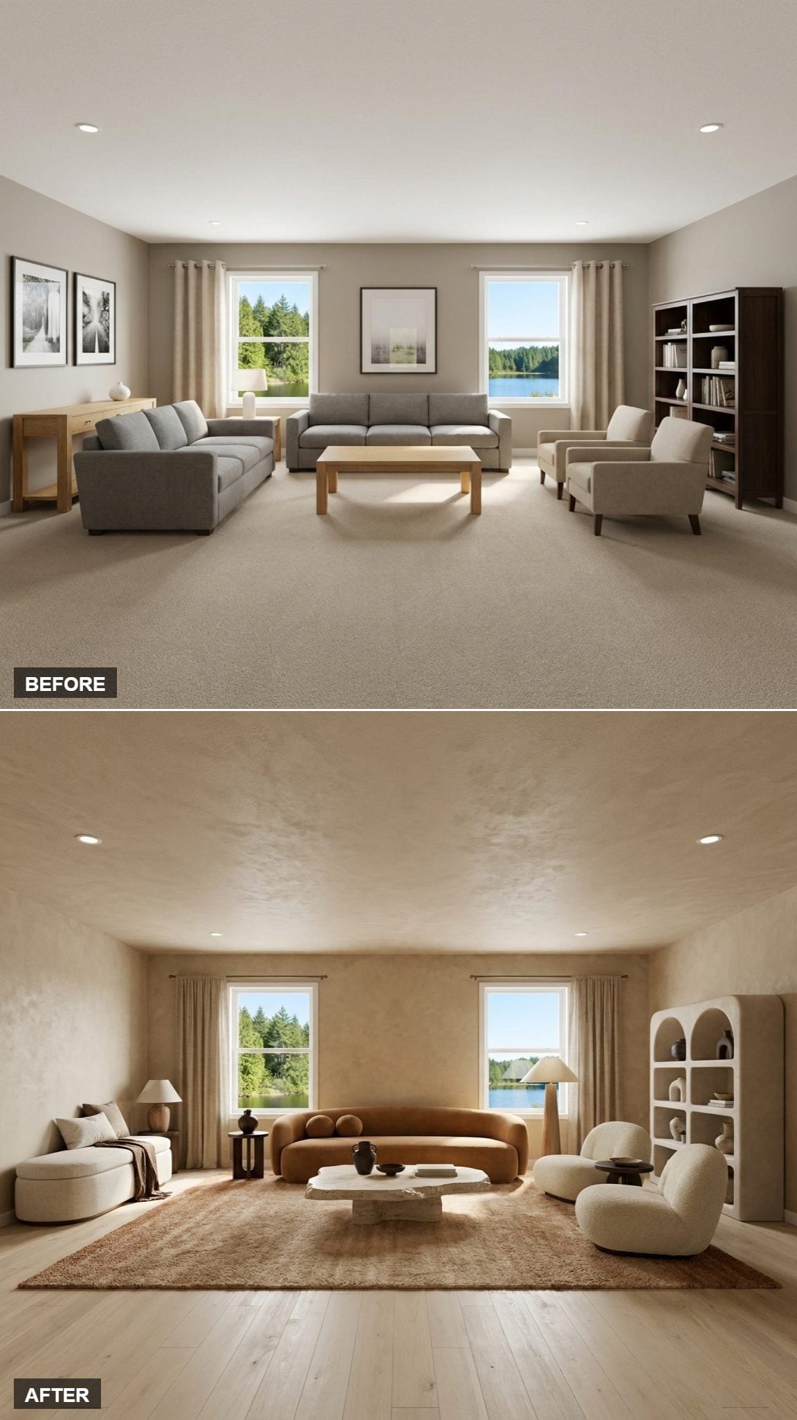 Warm Plaster Cocoon Lounge with Crescent Sofa, Travertine Coffee Table, and Arched Shelving