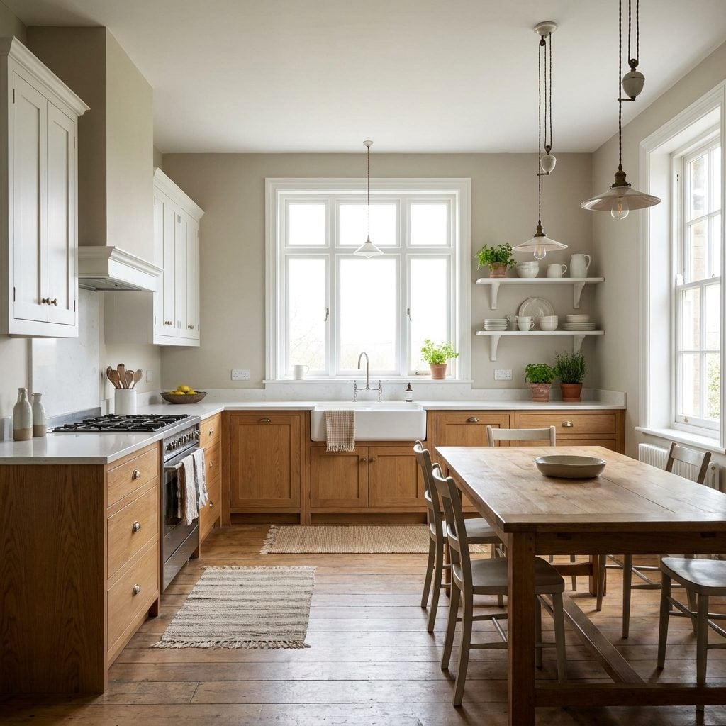 Warm wood cabinetry paired with white kitchen finishes
