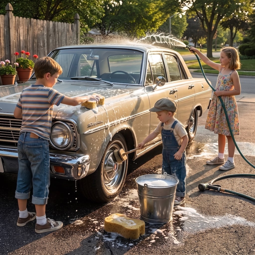 Three children washing the family car in a suburban driveway