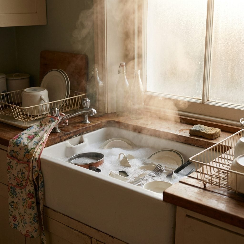 Washing the Dishes by Hand at the Steaming Sink