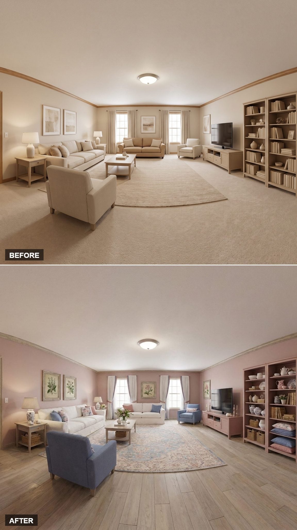 Blush Walls and Blue Velvet Chairs Finally Gave This Room a Point of View