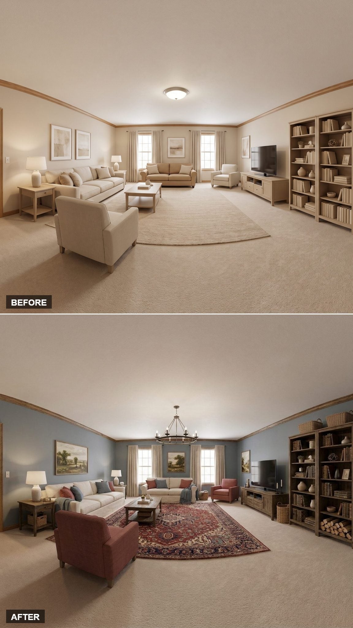 Dusty Blue Walls and a Persian Rug Gave This Sprawling Room Its First Real Anchor