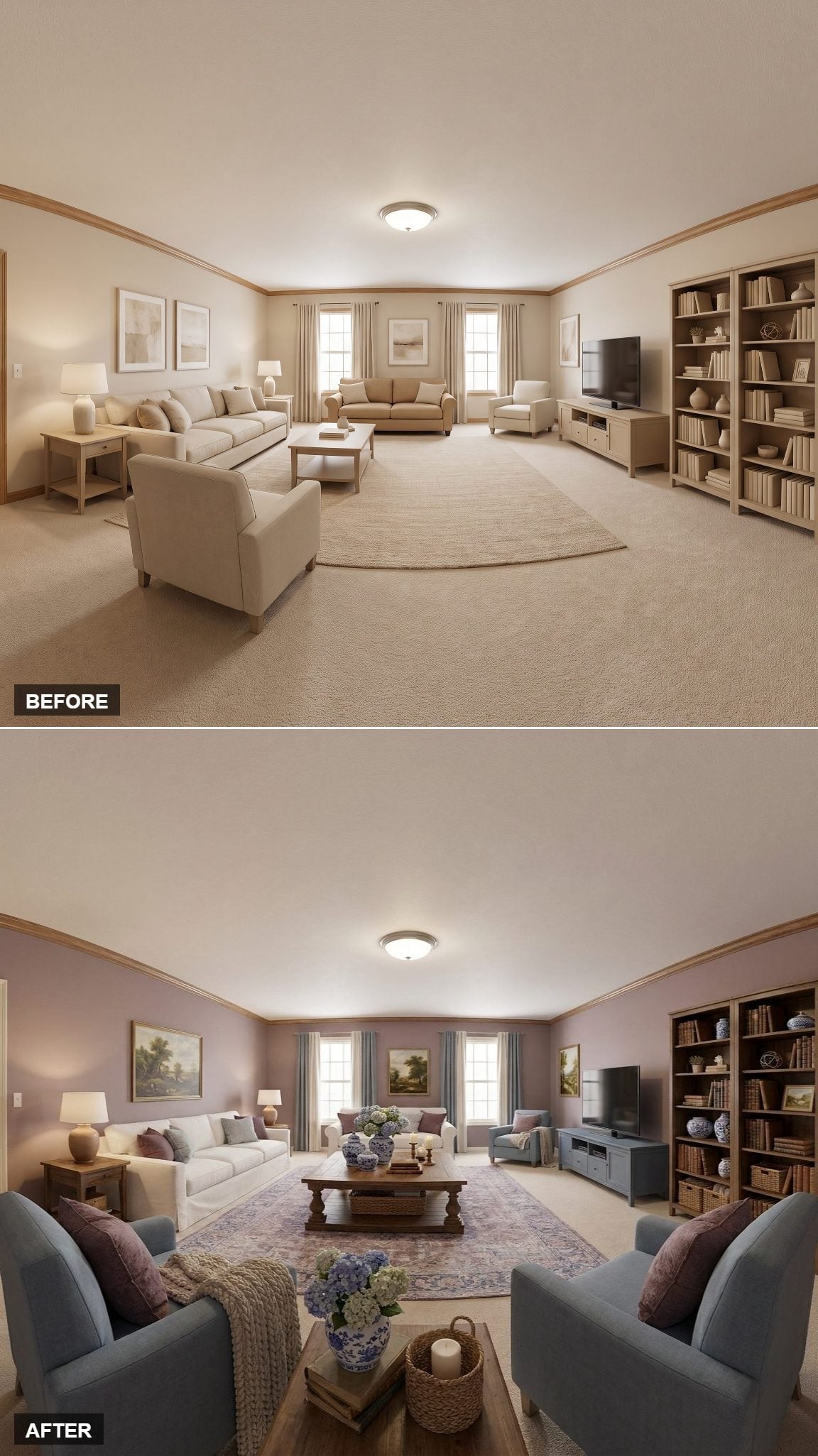 Dusty Mauve Walls and a Ginger-Stained Coffee Table Gave This Room Real Warmth