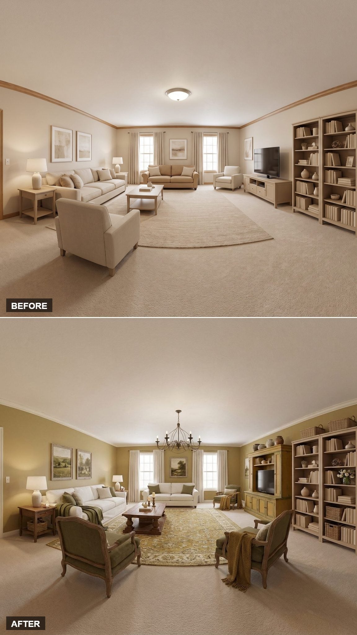 Olive Walls and a Wrought-Iron Chandelier Finally Gave This Room Something to Say