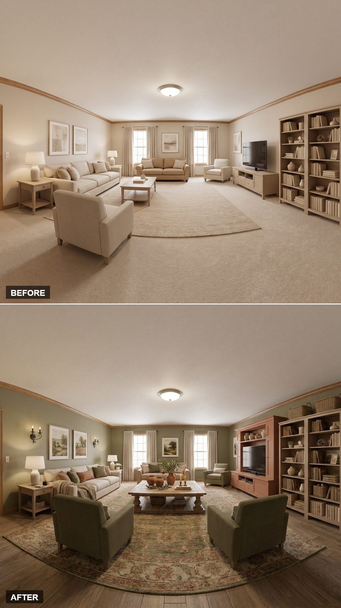 Sage Walls and a Coral Entertainment Center Made This Room Stop Playing It Safe