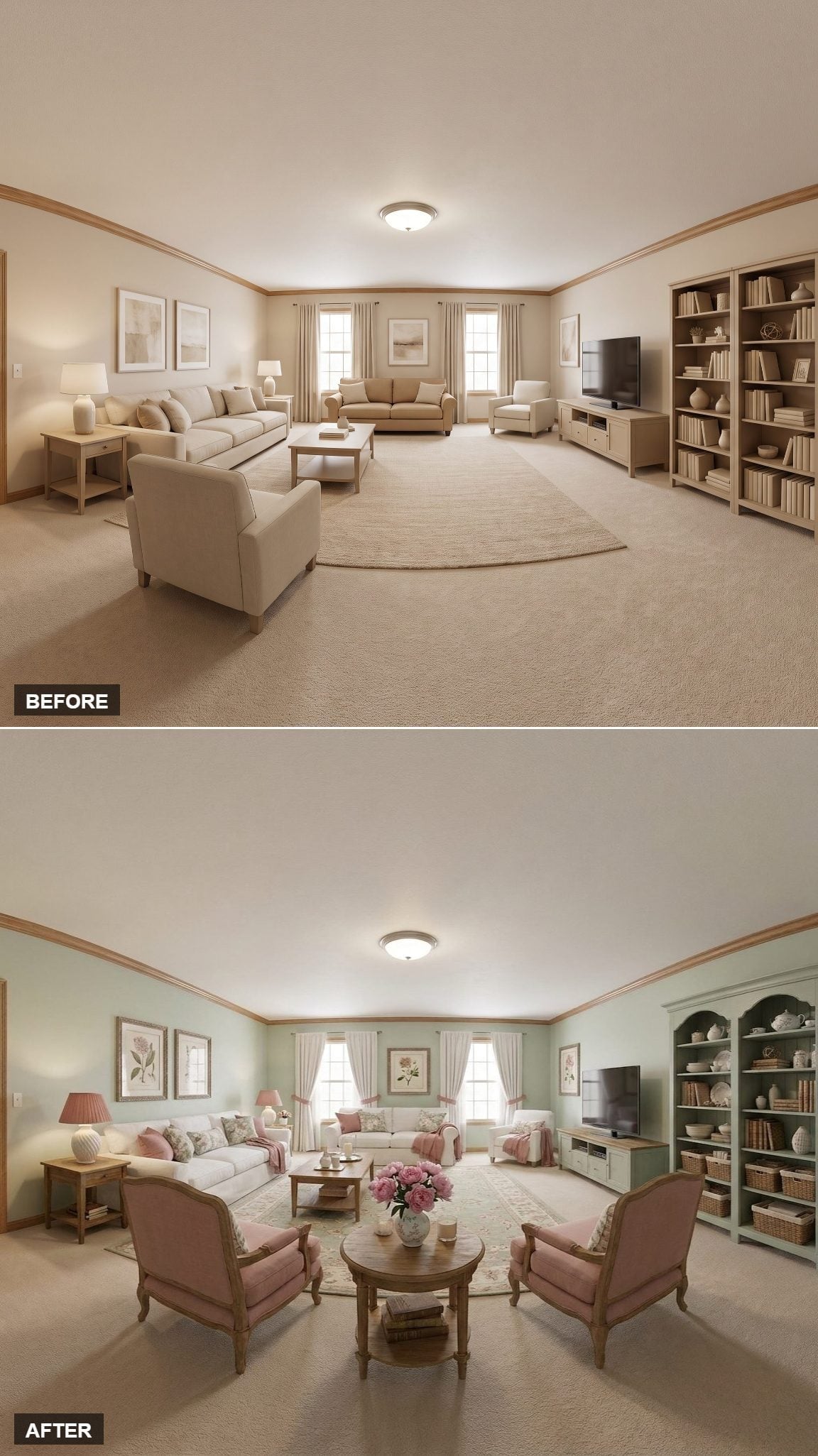 Sage Walls and Pink Chairs Gave This Oversized Room Its First Real Personality