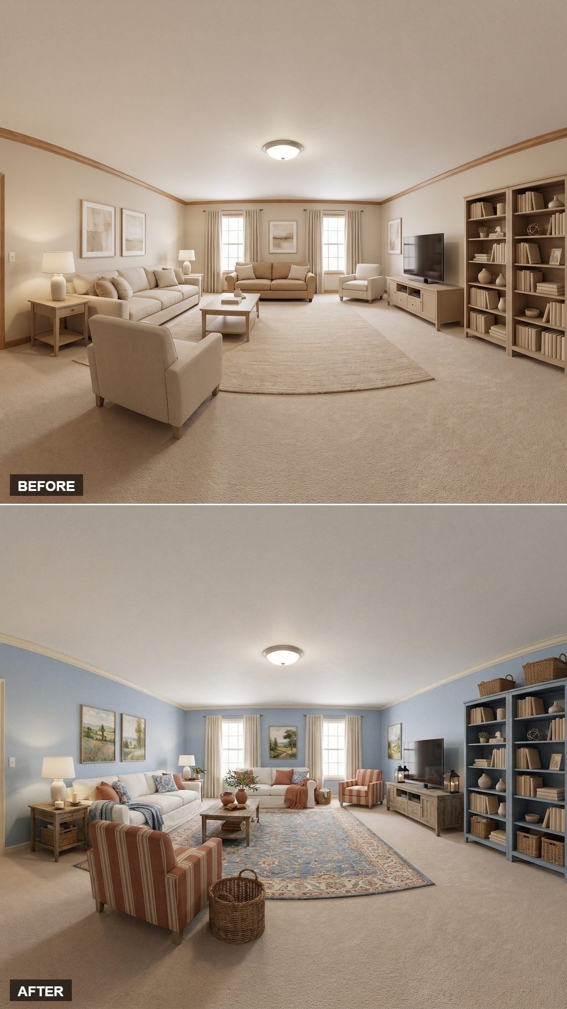 Steel Blue Walls and Striped Chairs Finally Gave This Sprawling Room a Focal Point
