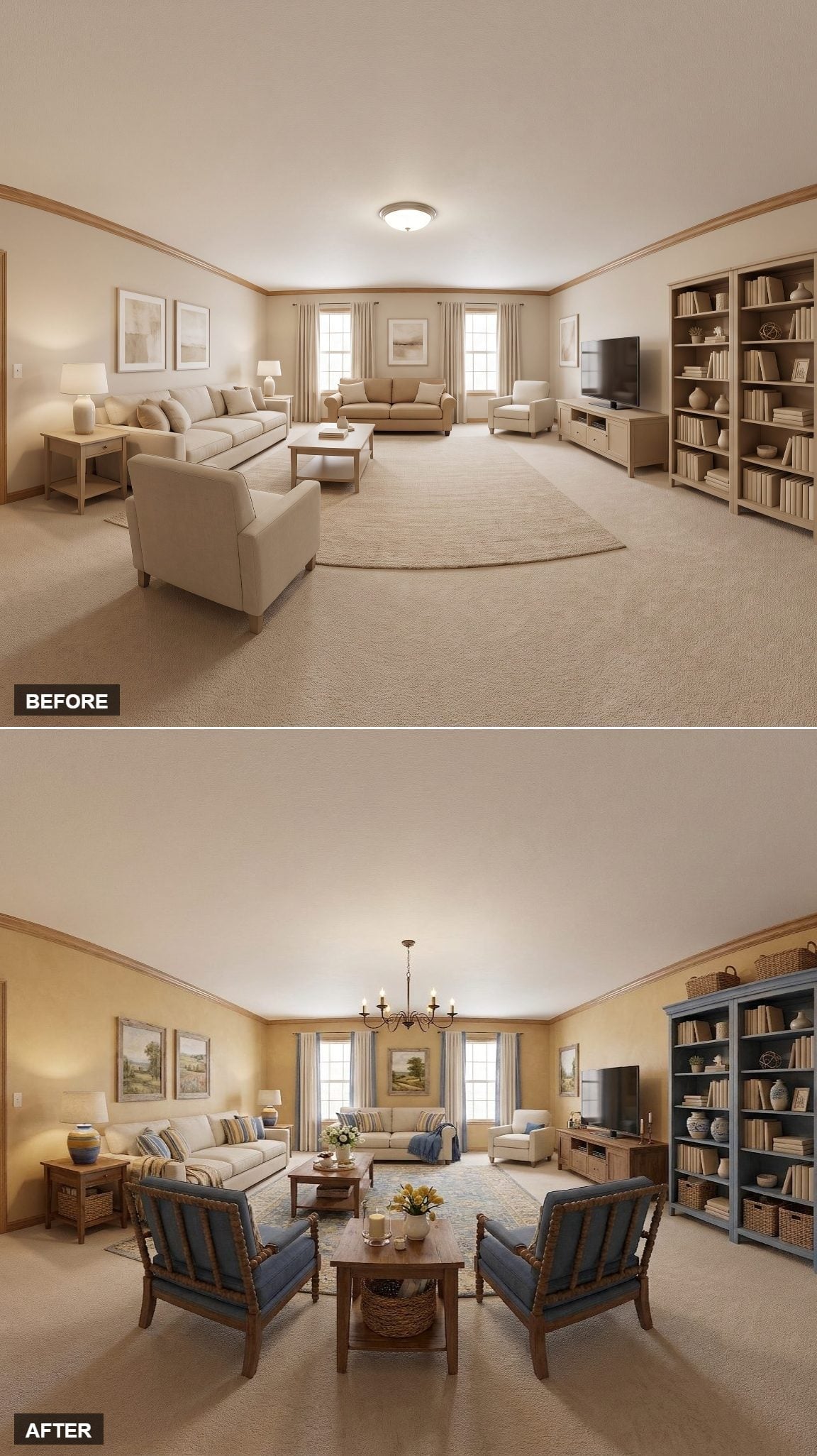 Warm Yellow Walls and Blue Spindle Chairs Gave This Room a Reason to Linger