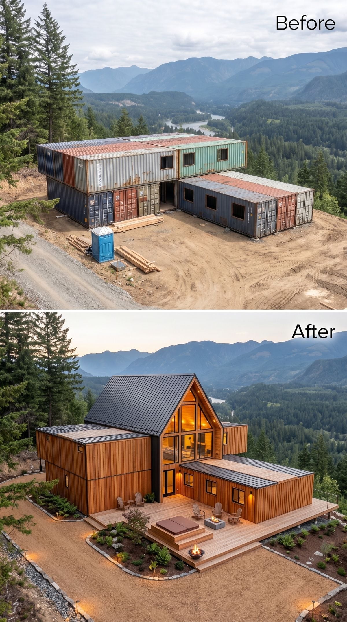 Cedar, Fire Pit, and a Gabled Roofline Built From Containers Nobody Would Guess