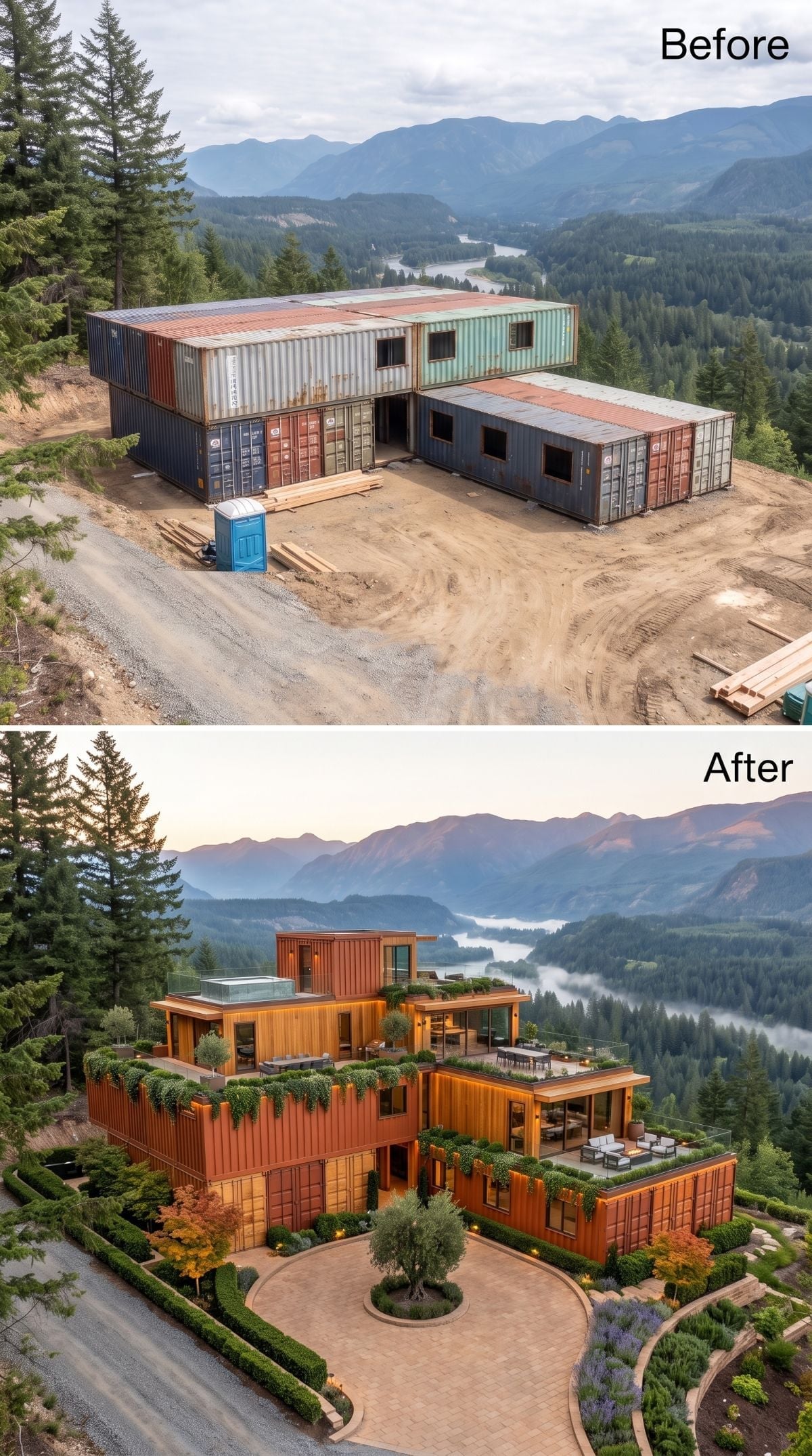Corrugated Rust and Bare Dirt to Warm Cedar, Rooftop Planters, and a River Below