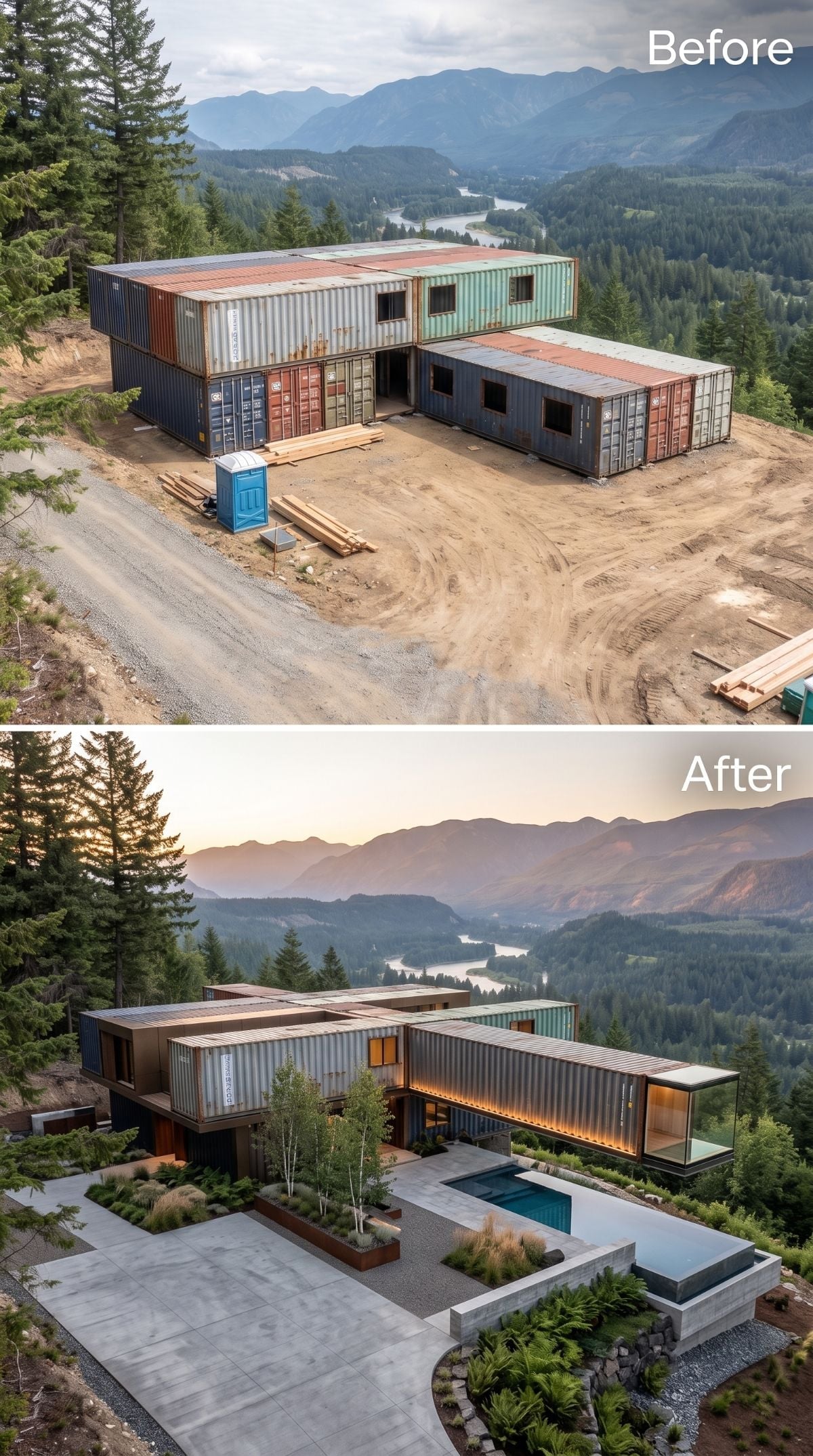 Corrugated Steel and Bare Dirt to Glass-Walled Modern With a Mountain River Below
