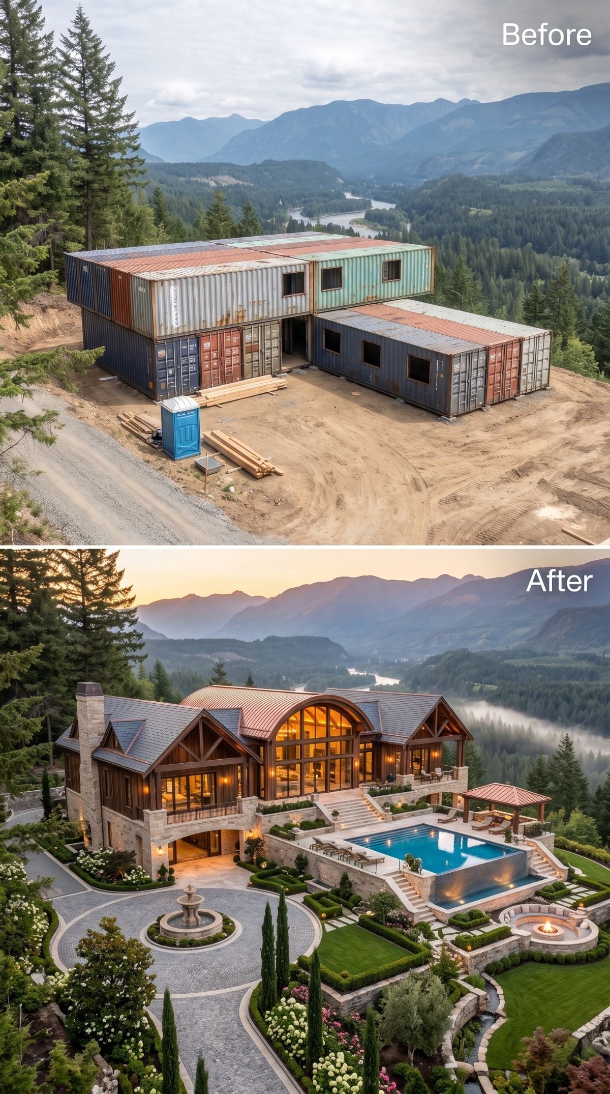 Mountain Mud and Rust Containers Become a Stone-and-Timber Estate With a Pool