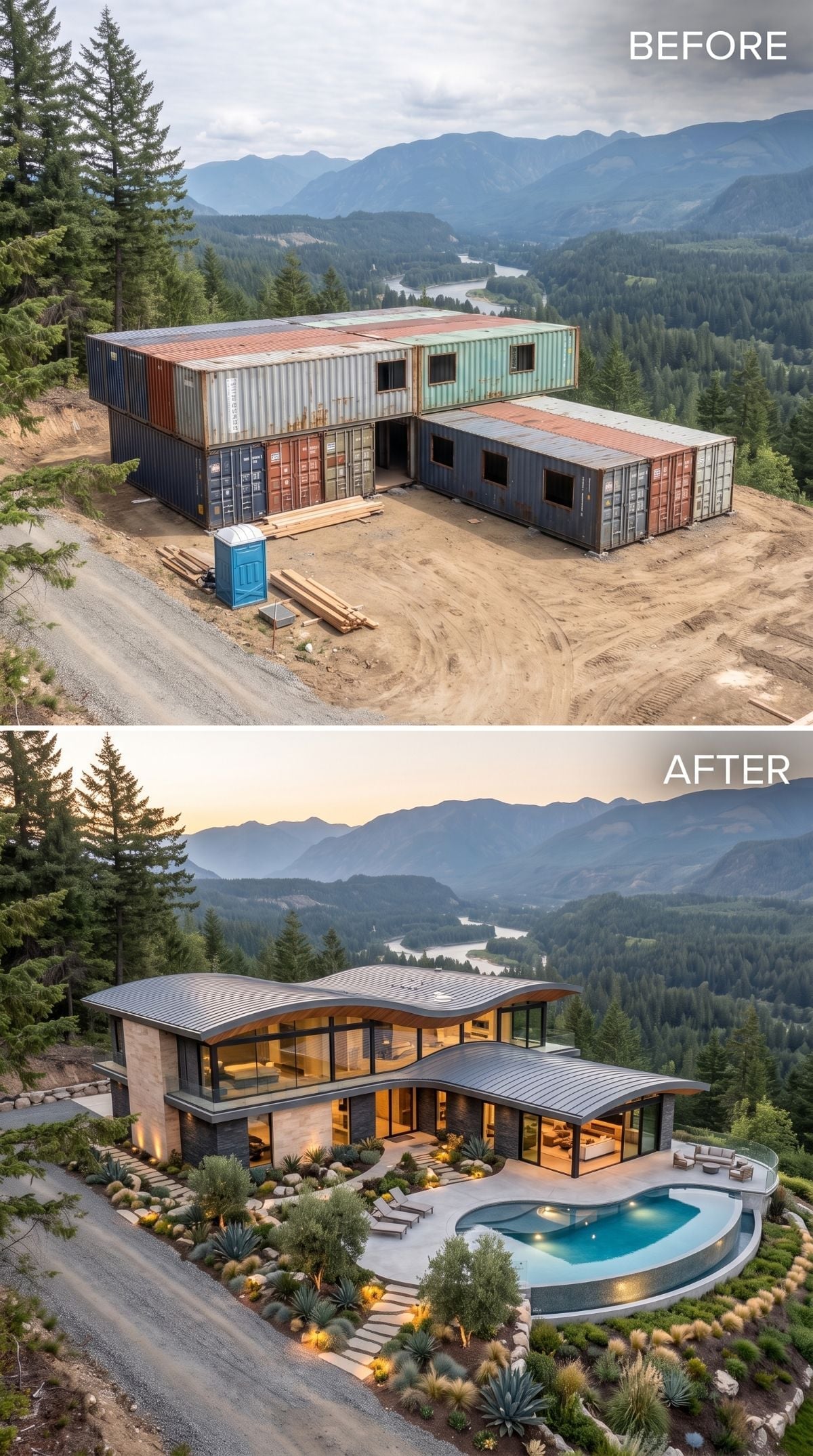 Wavy Metal Roof, a Hillside Pool, and Containers Hidden Beneath All of It