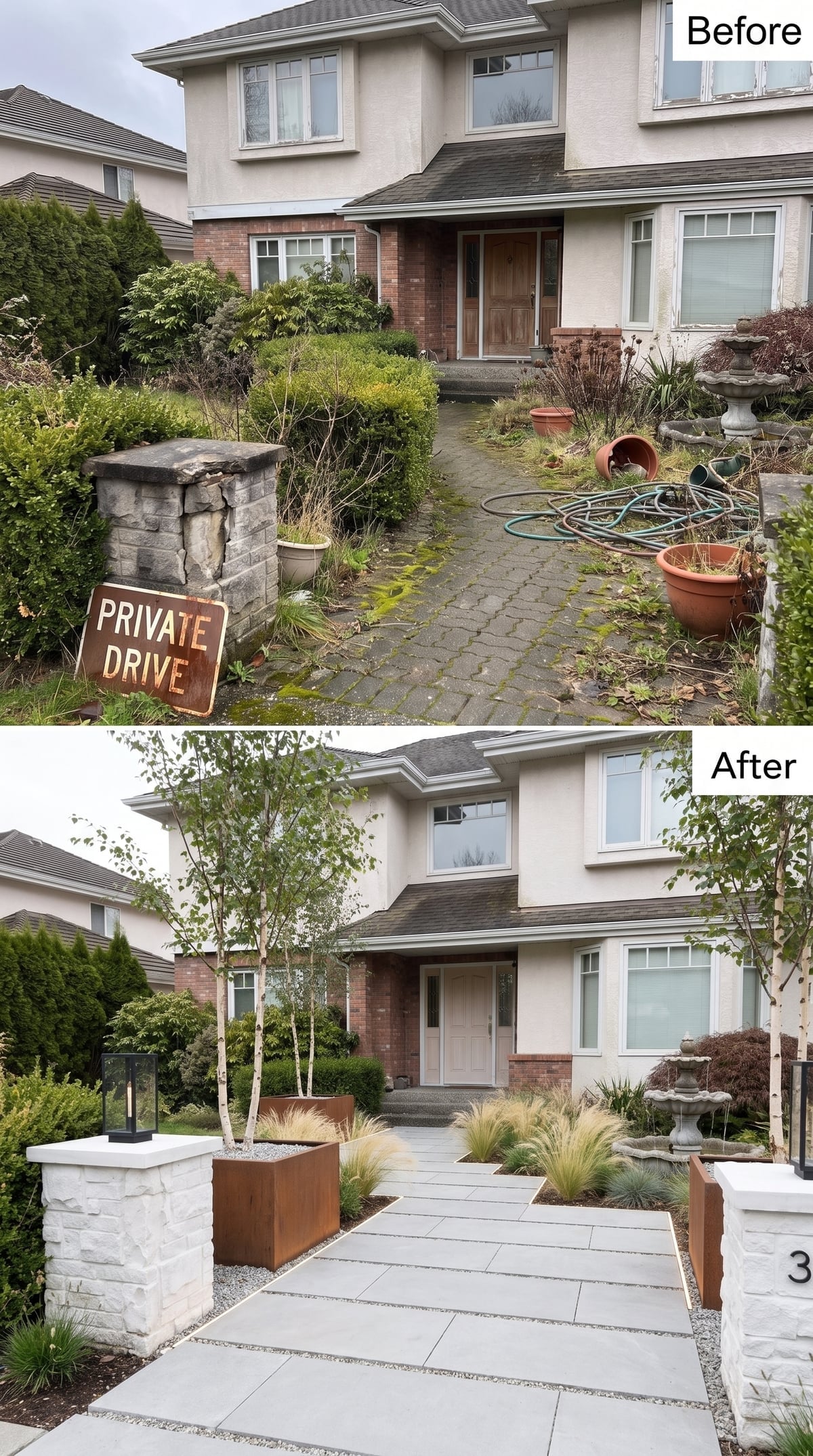 Contemporary front garden with birch trees, rusted-steel planter, ornamental grasses, pale concrete pavers, and rebuilt pale stone pillars