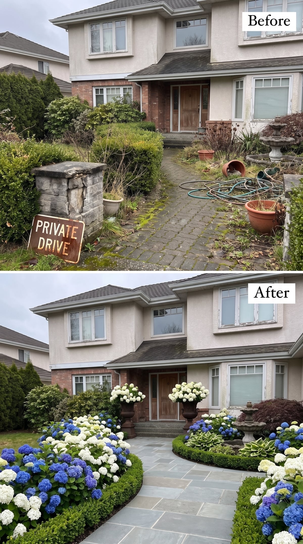 Front garden with blue and white hydrangeas, slate-look walkway, clipped boxwood, cast-stone urns, hostas, and fountain